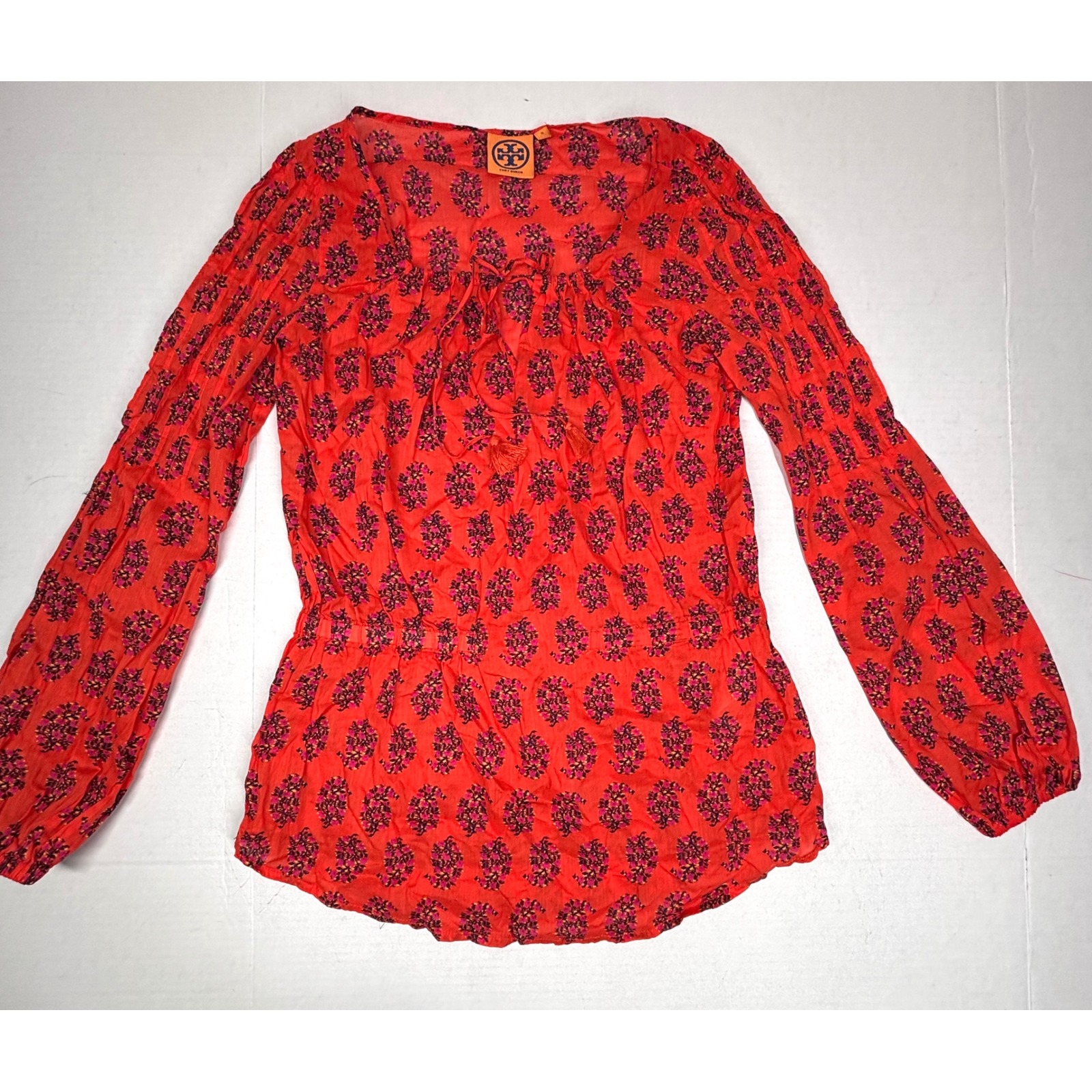 Tory Burch Orange Floral Print Tie Neck Peasant Blouse Top Size 0 Prairie Euc